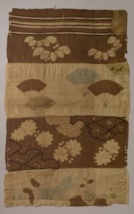 Tsujigahana textiel met horizontale strepen, bloeiende planten, waaiers, sneeuwvlokken, ca. laat 16e eeuw door Unbekannt