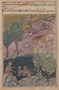 Tuti-Nama Verhalen van een papegaai: Verhaal XXIX, De leeuw keert terug naar zijn territorium en ziet, ca. 1560 door Unbekannt