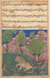 Tuti-Nama Verhalen van een Papegaai: Verhaal XXVIII: De Aap Adviseert de Wantrouwige Leeuw..., ca. 1560 door Unbekannt