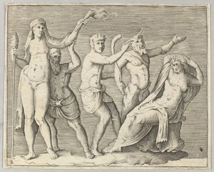Twee figuren, een faun en een sater naderen een liggende vrouw, gepubliceerd ca. 1599-1622