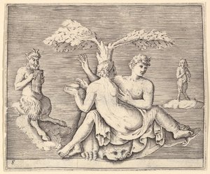 Twee geliefden met Pan, gepubliceerd ca. 1599-1622 door Unbekannt