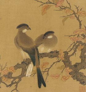 Twee gekuifde vogels op een tak, herfstbladeren, Qing-dynastie, 18e eeuw