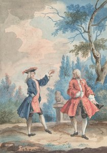 Twee dansende mannelijke figuren in een landschap, 18e eeuw