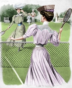 Twee lawn tennis kostuums voor oktober, 1905