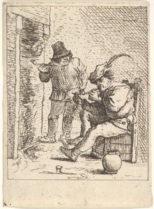Twee mannelijke boeren met pijpen voor een open haard, een zittend met de pijp..., na 1625-90