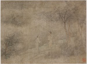 Twee mannen wandelen in mistig bos, Ming-dynastie, 1368-1644