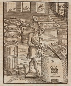 Een man test salpeter, gebruikt in buskruit en voor het conserveren van vlees - Gravure uit Beschrijving van mineralen en de belangrijkste mijnbouwmethoden, van Lazarus Ecker door Unbekannt