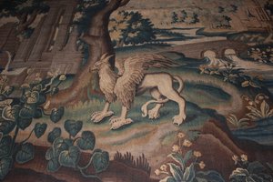 Groen met giraffe, tapijt van Aubusson - details fantastisch dier