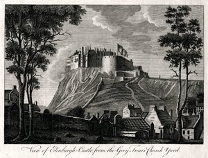 Uitzicht op Edinburgh Castle, vanaf de Grey Friars Church Yard, 18e eeuw door Unbekannt