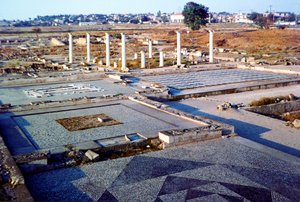 Uitzicht op de archeologische resten in Pella, Centraal Macedonië door Unbekannt