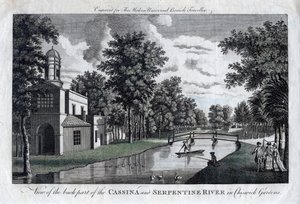 Uitzicht op het achterste deel van de Cassina en de Serpentine Rivier in Chiswick Gardens, Londen door Unbekannt