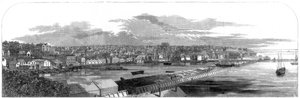 Uitzicht op de stad Auckland, Nieuw-Zeeland, met de nieuwe commerciële kade, 1860