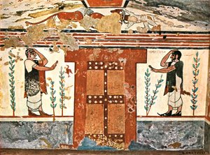 Muur in het Graf van de Auguren Tomba degli Auguri in Tarquinia, Italië, 1928 door Unbekannt