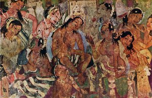 Muurschildering uit de Grotten van Ajanta van Raja Mahajanaka, ca. 480