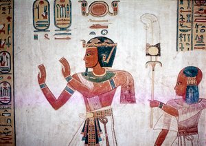 Muurschildering van Ramses III die overleden zoon naar de goden leidt, Vallei der Koninginnen, Egypte door Unbekannt