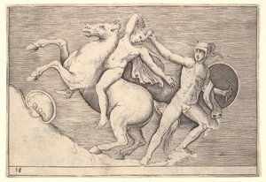 Krijger trekt een ruiter van zijn paard, uit Ex Antiquis Camorum et Ge...