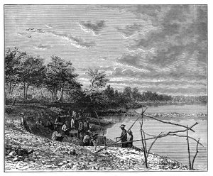 Zand wassen voor diamanten aan de oevers van de Vaalrivier, Zuid-Afrika, ca. 1890