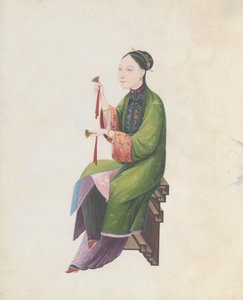 Aquarel van muzikant die bo speelt, eind 18e eeuw