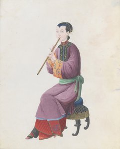 Aquarel van muzikant die xiao speelt door Unbekannt