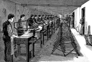 Lassen van fietsframes in een Amerikaanse fabriek, 1900