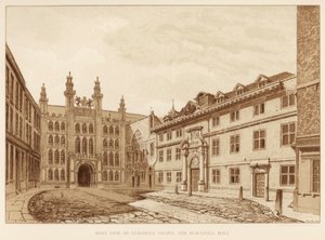 Westelijk uitzicht op Guildhall Chapel en Blackwell Hall, City of London, 1886