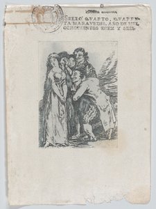 Wat een offer, een jonge vrouw omringd door een groep mannen, waaronder haar verloofde, na 1816