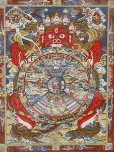 Wiel van het leven of wiel van Samsara (Mandala). Kopan klooster, Bhaktapur, Nepal