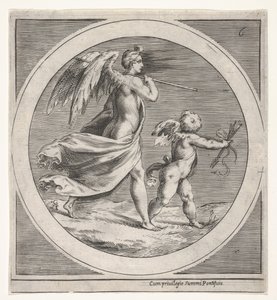 Gevleugelde vrouwelijke figuur, gedrapeerd en met een staf, achter een gevleugelde putto, ca. 1550-1600 door Unbekannt