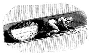 Vrouwelijke mijnwerker die een slee met kolen sleept langs een smalle naad, Zuid-Wales, ca. 1848 door Unbekannt
