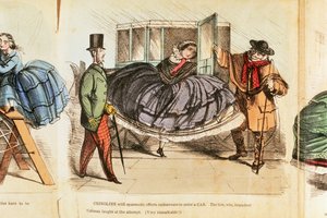 Vrouw worstelt om een taxi in te stappen, ca. 1860