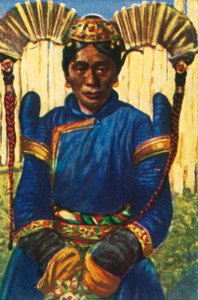 Vrouw met traditionele hoofdtooi, Mongolië, ca. 1928