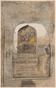 Aanbidding van stenen beeld van Shiva en Parvati binnen een lingam, c. 1710