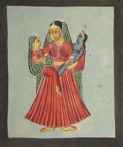 Yasoda houdt Krishna en Radha vast, 1800s