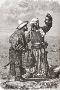 Een Afghaanse soldaat die het afgehakte hoofd van zijn vijand vasthoudt, illustratie uit 