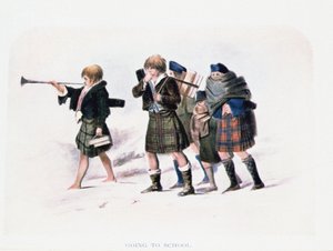 Naar school gaan door R.R. McIan (gekleurde litho)