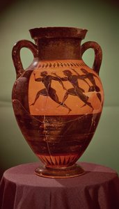 Griekse zwartfigurig amfoor met afbeelding van hardlopers in een race, 600-550 v.Chr. door Unbekannt Unbekannt