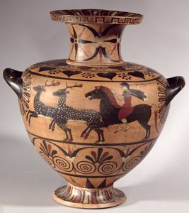 Hydria, jachtscène, Archaïsch Grieks, zwartfigurig Etrusco-Ionische periode, ca.540-530 v.Chr. (aardewerk)