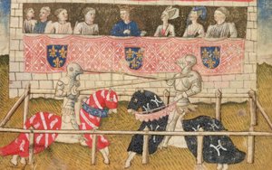 John Chalon van Engeland en Lois de Beul van Frankrijk in een steekspel, uit het Koninklijk Wapenboek Manuscript, 1448 door Unbekannt Unbekannt