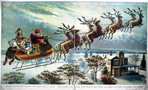 Santas eerste uitstapje met slee en rendieren, illustratie voor A Visit from St. Nicholas, door Clement Clarke Moore, 1890s