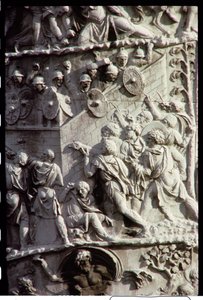 Zuil van Trajanus, gebouwd ter viering van de overwinning op de Daciërs, mogelijk ontworpen door Apollodorus van Damascus, 113 n.Chr. (detail)