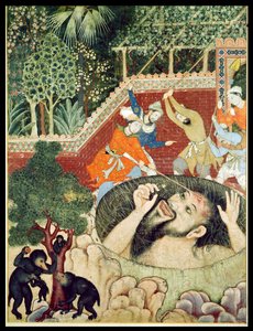 Zumrud Shah valt in een put en wordt geslagen door tuiniers, uit de Hamzanama (Boek van Hamza), uit India of Pakistan, ca. 1562-77
