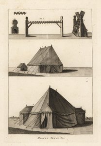 18e-eeuwse militaire tenten: paard of rek om vuurwapens te ondersteunen 1,2,3, musketten op het rek 4, laboratoriumtenten behorend tot de artillerie 5, veldofficierstent of markies 6 door Unbekannt