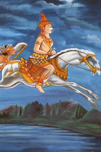 Schilderij dat het levensverhaal van Shakyamuni Boeddha uitbeeldt. Boeddha verlaat 