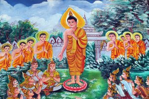Wat Inpeng boeddhistische tempel. Schilderij dat het levensverhaal van Shakyamuni Boeddha afbeeldt