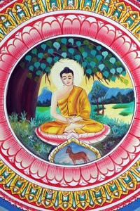 Wat Inpeng boeddhistische tempel. Schilderij dat het levensverhaal van Shakyamuni Boeddha uitbeeldt. Boeddha zittend in de meditatiehouding, Vientiane, Laos door Unbekannt