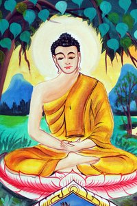20151029, Vientiane, Laos: Wat Inpeng boeddhistische tempel. Schilderij dat het levensverhaal van Shakyamuni Boeddha uitbeeldt. Boeddha zittend in de meditatiehouding