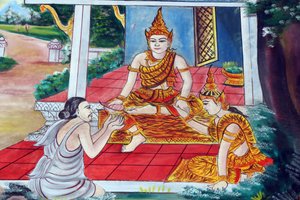 Wat Inpeng boeddhistische tempel. De Jataka-verhalen zijn verhalen over de vorige levens van de Boeddha (dat wil zeggen, voordat hij voor de laatste keer werd geboren om de Boeddha te worden), Vientiane, Laos door Unbekannt