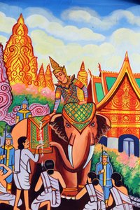 Wat Si Muang boeddhistische tempel. Schilderij dat het levensverhaal van Shakyamuni Boeddha afbeeldt