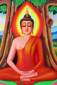 Wat Si Muang boeddhistische tempel. Schilderij dat het levensverhaal van Shakyamuni Boeddha uitbeeldt. Boeddha zittend in de meditatiehouding onder de Bodhiboom, Vientiane, Laos