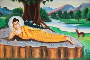 Schilderij dat het levensverhaal van Shakyamuni Boeddha uitbeeldt. Liggende Boeddha, Vang Vieng, Laos door Unbekannt